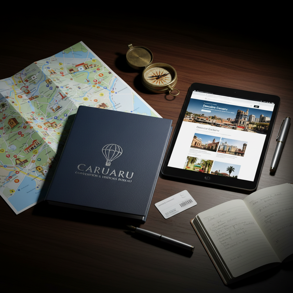 A richly detailed photographic still life of Caruaru tourism materials arranged on a dark wooden desk, featuring a glossy, full-color visitor map with icons of attractions, a sturdy navy-blue brochure folder embossed with “Caruaru Convention & Visitors Bureau,” and a tablet screen displaying a vibrant tourism website homepage. Around them, small objects suggest travel planning: a compass, a metallic pen, a leather-bound notebook, and a keycard labeled “Centro de Convenções.” Soft, directional studio lighting from the left creates pronounced contrasts and crisp reflections on glossy surfaces, casting sharp, graphic shadows. Shot from a slightly elevated, top-down angle with a clean, rule-of-thirds composition, the image feels bold, organized, and strategic, reflecting a professional, forward-looking tourism bureau with a modern, photographic realism style.