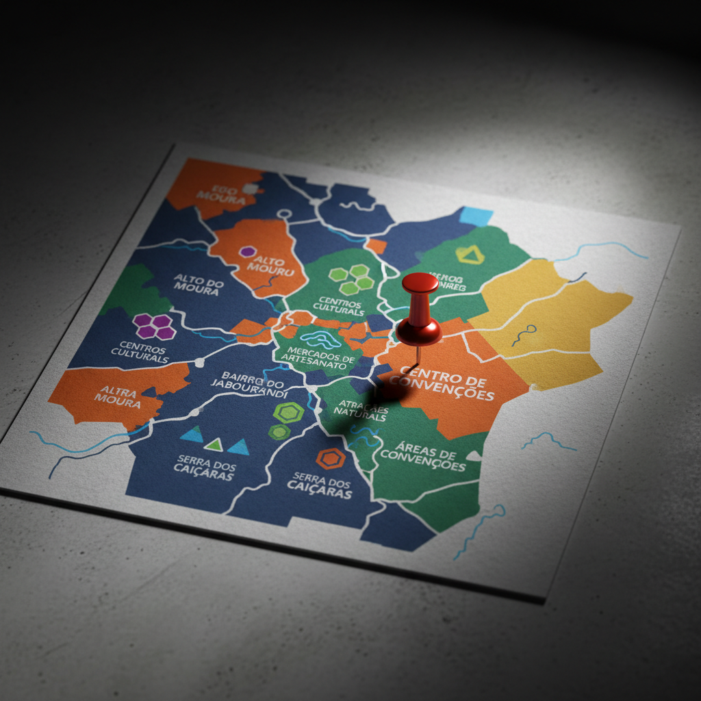 A dramatic photographic close-up of a stylized map of Caruaru and its surrounding region printed on textured, matte paper, with colorful, geometric markers highlighting key tourist zones: cultural centers, convention areas, craft markets, and natural attractions. A metallic red pushpin anchors the “Centro de Convenções” area, while bold, modern typography labels major districts. The map rests on a smooth concrete surface with a subtle industrial texture. A beam of strong overhead light illuminates the center, fading into gentle vignette at the edges, creating an intense, focused mood. Shot from directly above with sharp detail and shallow falloff around the edges, the composition is clean and graphic, emphasizing routes and connections. The atmosphere is bold and strategic, conveying regional planning and tourism development in a photographic realism style.