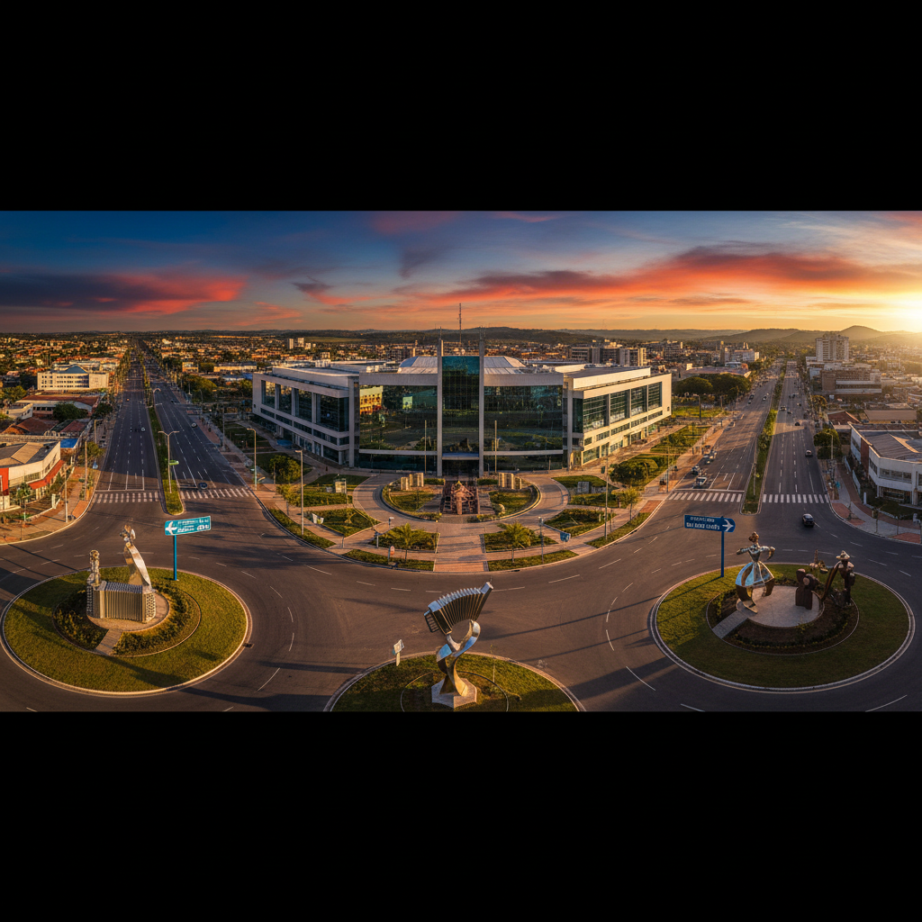 A wide, panoramic photographic view of Caruaru’s vibrant cityscape, with a bold, modern convention center as the central subject, its glass and steel façade reflecting a dramatic late-afternoon sky streaked with deep blues and fiery oranges. Surrounding it, clean avenues, well-marked signage for tourist attractions, and stylized sculptures referencing local culture create a sense of organized energy. The scene is bathed in golden hour light, casting long, crisp shadows and strong highlights that emphasize architectural lines. Shot from an elevated angle with sharp focus throughout, the composition uses sweeping leading lines from roads and plazas to draw the eye to the convention hub. The atmosphere feels dynamic and ambitious, with photographic realism and saturated colors underscoring Caruaru as a bold, thriving tourism destination.