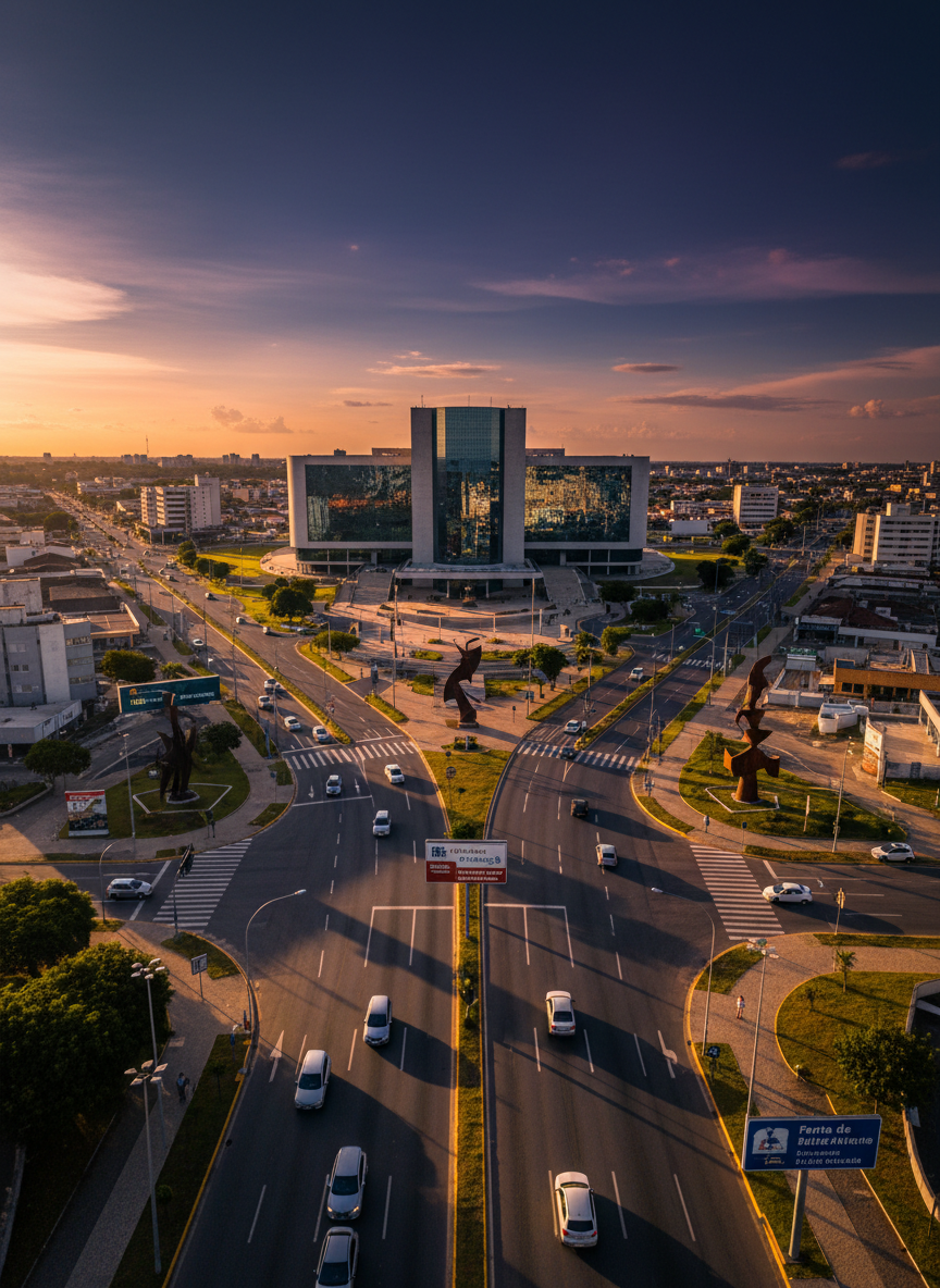 A wide, panoramic photographic view of Caruaru’s vibrant cityscape, with a bold, modern convention center as the central subject, its glass and steel façade reflecting a dramatic late-afternoon sky streaked with deep blues and fiery oranges. Surrounding it, clean avenues, well-marked signage for tourist attractions, and stylized sculptures referencing local culture create a sense of organized energy. The scene is bathed in golden hour light, casting long, crisp shadows and strong highlights that emphasize architectural lines. Shot from an elevated angle with sharp focus throughout, the composition uses sweeping leading lines from roads and plazas to draw the eye to the convention hub. The atmosphere feels dynamic and ambitious, with photographic realism and saturated colors underscoring Caruaru as a bold, thriving tourism destination.