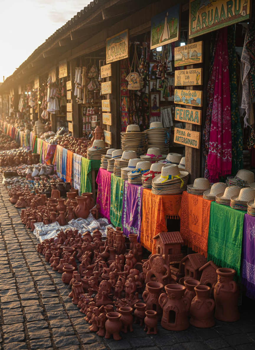 A high-contrast photographic scene of Caruaru’s traditional feira de artesanato (craft market) at dawn, portrayed without people, focusing on the rich textures and colors of regional culture. Neatly arranged wooden stalls overflow with clay sculptures, woven straw hats, colorful textiles, and hand-painted signs referencing Caruaru and the Agreste region. The cobblestone ground glistens slightly, as if from a recent rain, catching reflections of vibrant objects. Soft, low morning light enters from the side, casting long, defined shadows and bringing out the grain of the wood and the roughness of ceramics. Captured at eye level with moderate depth of field, foreground objects are crisp while distant stalls gently blur into a bokeh of colors. The atmosphere is bold and authentic, celebrating local identity and tourism potential through vivid, photographic realism.