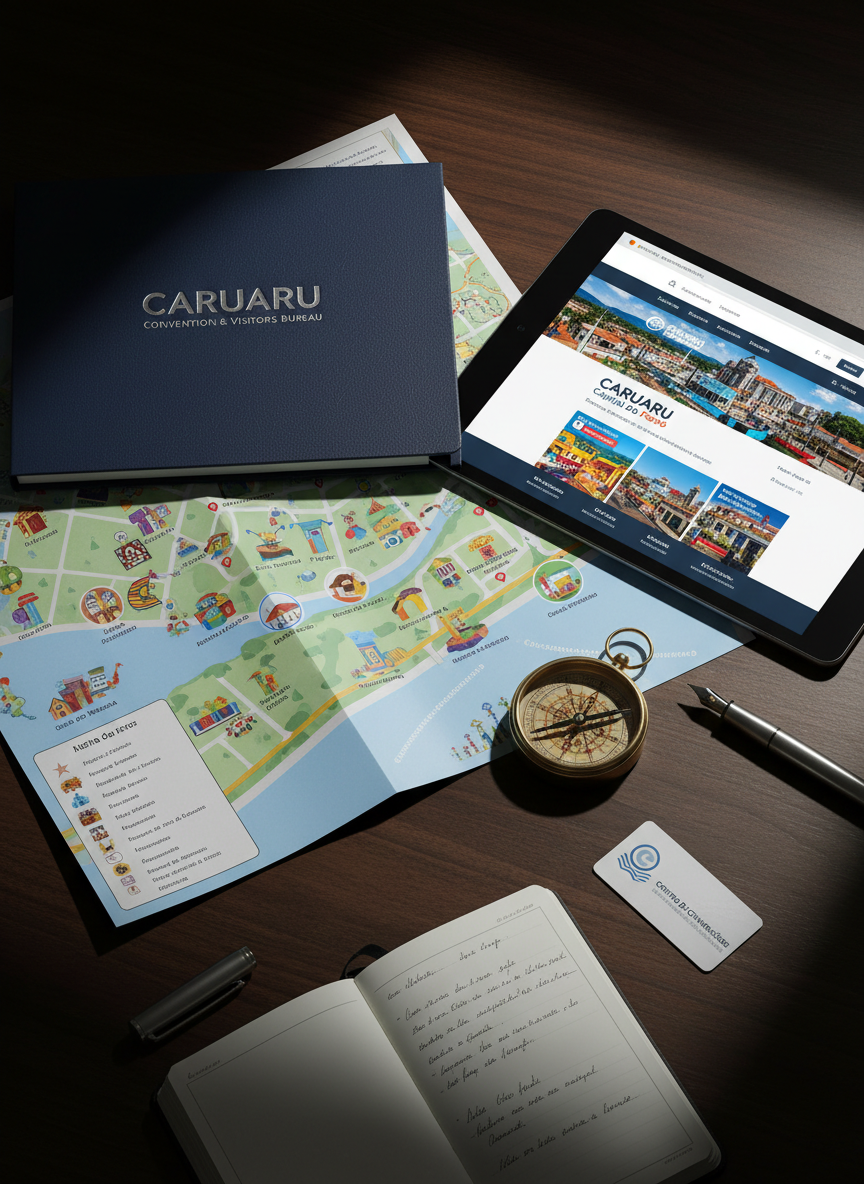 A richly detailed photographic still life of Caruaru tourism materials arranged on a dark wooden desk, featuring a glossy, full-color visitor map with icons of attractions, a sturdy navy-blue brochure folder embossed with “Caruaru Convention & Visitors Bureau,” and a tablet screen displaying a vibrant tourism website homepage. Around them, small objects suggest travel planning: a compass, a metallic pen, a leather-bound notebook, and a keycard labeled “Centro de Convenções.” Soft, directional studio lighting from the left creates pronounced contrasts and crisp reflections on glossy surfaces, casting sharp, graphic shadows. Shot from a slightly elevated, top-down angle with a clean, rule-of-thirds composition, the image feels bold, organized, and strategic, reflecting a professional, forward-looking tourism bureau with a modern, photographic realism style.