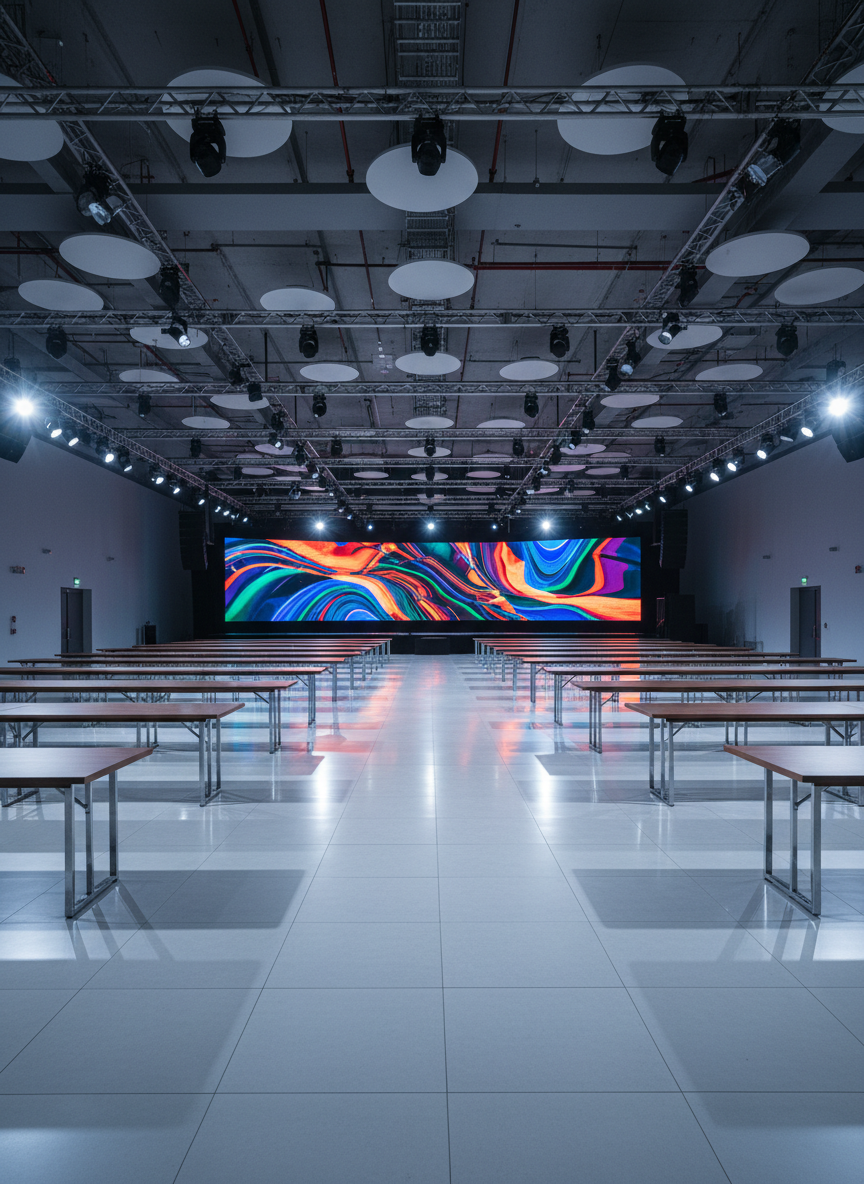 An expansive photographic view of a modern convention hall interior in Caruaru, completely empty yet fully set up, emphasizing infrastructure rather than people. Long rows of sleek, dark tables with polished metal legs form geometric patterns across a glossy tiled floor, while a large, high-resolution LED screen at the front displays an abstract, colorful graphic inspired by Pernambuco’s culture. Overhead, an intricate grid of spotlights and acoustic panels adds visual rhythm. Cool, even artificial lighting fills the space, with accent lights on the stage creating bright focal points and soft reflections on the floor. Shot from a slightly low, wide-angle perspective to exaggerate depth and scale, the composition feels bold, professional, and ready for major events. The mood is energetic and forward-looking, highlighting Caruaru’s capacity to host large-scale tourism and business gatherings with photographic realism.