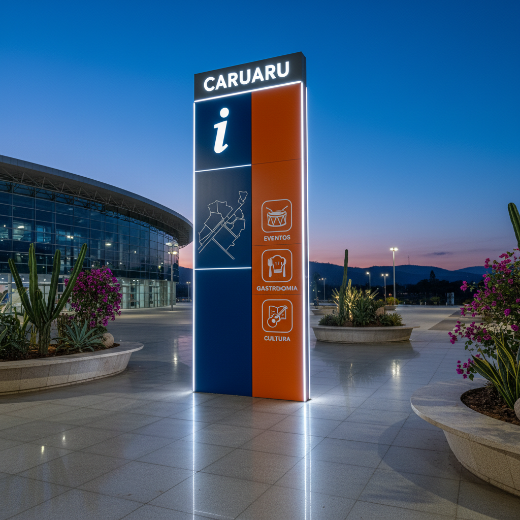 A striking photographic composition featuring a large, freestanding tourism information totem for Caruaru, positioned prominently in a modern urban plaza. The totem has a bold, vertical design in deep blue and bright orange, with a stylized map, icons for events, gastronomy, and culture, and clear “i” information symbol. Around it, low, sculptural planters with native vegetation and stone benches define the space, while in the background, a convention center silhouette and distant hills subtly suggest geography. Early evening blue-hour lighting gives the sky a deep cobalt hue, while integrated LED strips in the totem emit a crisp white glow, creating dramatic contrast and reflections on nearby paving. Shot from a low angle with the totem dominating the frame, the mood is confident and contemporary, emphasizing Caruaru’s organized, bold tourism infrastructure in a clean, photographic realism style.