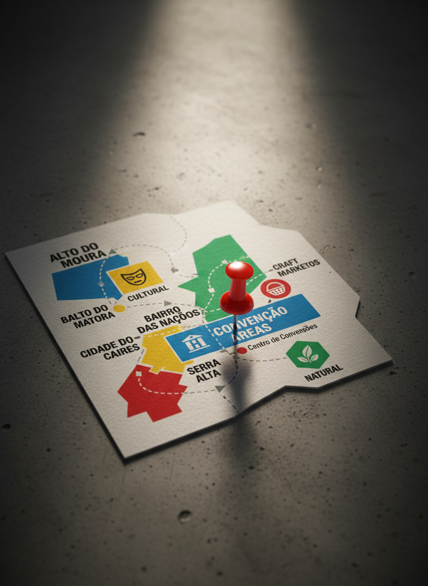 A dramatic photographic close-up of a stylized map of Caruaru and its surrounding region printed on textured, matte paper, with colorful, geometric markers highlighting key tourist zones: cultural centers, convention areas, craft markets, and natural attractions. A metallic red pushpin anchors the “Centro de Convenções” area, while bold, modern typography labels major districts. The map rests on a smooth concrete surface with a subtle industrial texture. A beam of strong overhead light illuminates the center, fading into gentle vignette at the edges, creating an intense, focused mood. Shot from directly above with sharp detail and shallow falloff around the edges, the composition is clean and graphic, emphasizing routes and connections. The atmosphere is bold and strategic, conveying regional planning and tourism development in a photographic realism style.