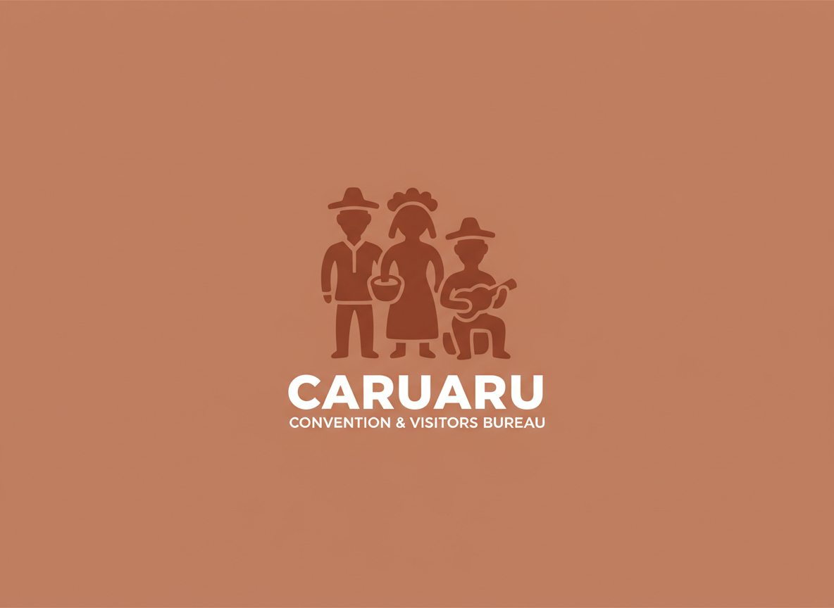 Logomarca minimalista para Caruaru Convention & Visitors Bureau com silhuetas estilizadas de bonecos de barro de Mestre Vitalino, tipografia clara e legível, fundo em tom de barro queimado (terracota), estilo limpo e profissional, fundo sólido, sem textura